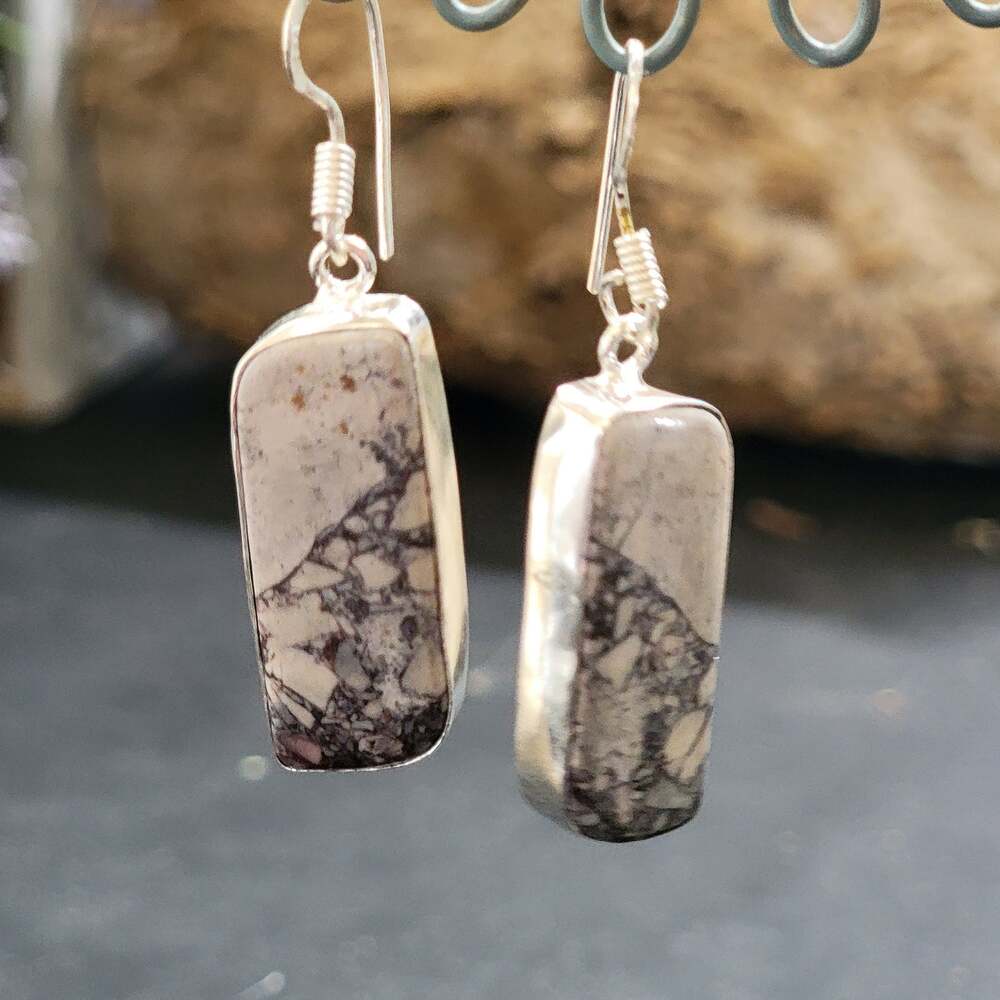 Gray Veined Stone Sterling Silver Dangle Earrings Rounded Rectangle Drops 1.14in